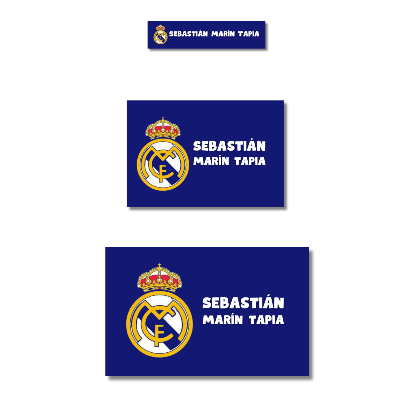 Logo dorado Real Madrid fondo azul rey Etiquetas Escolares Personalizadas Libretas, Libros y Lápices
