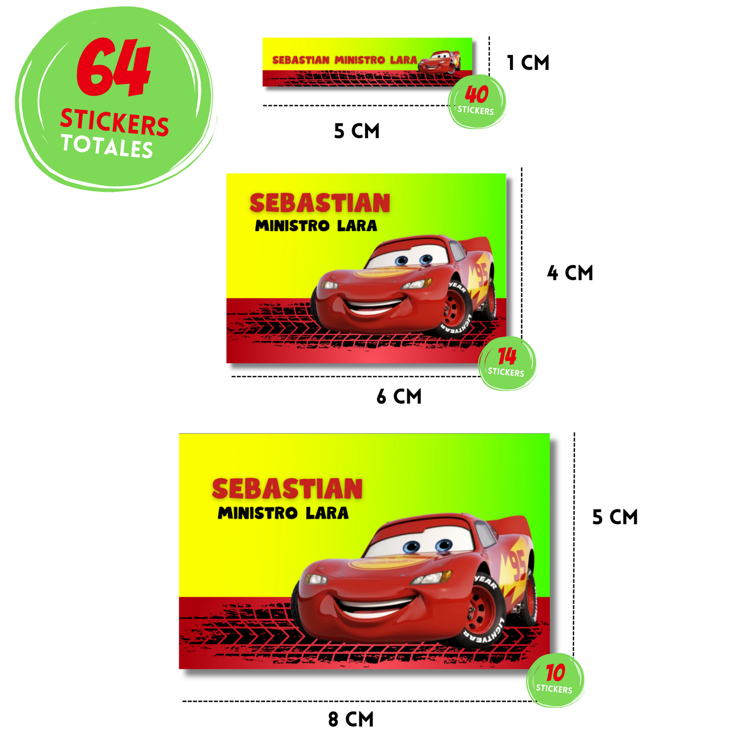 Cars Rayo McQueen Fondo Verde Etiquetas Escolares Personalizadas Libretas, Libros y Lápices