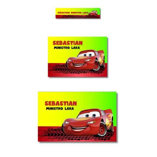 Cars Rayo McQueen Fondo Verde Etiquetas Escolares Personalizadas Libretas, Libros y Lápices