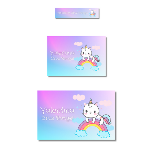 Gaticornios Arcoiris Etiquetas Escolares Personalizadas Libretas, Libros y Lápices